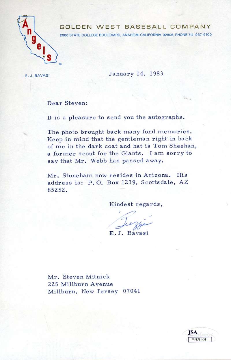 Buzzie Bavasi Letter Signed Jsa Certified Authenticated Autograph