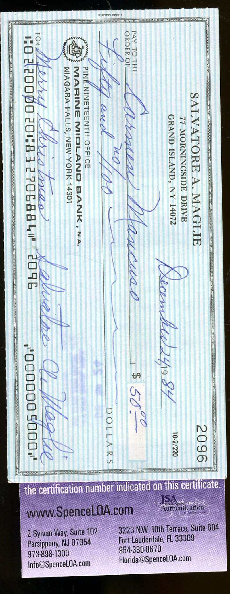 Sal Maglie Signed Check  Jsa Certified Authenticated Autograph
