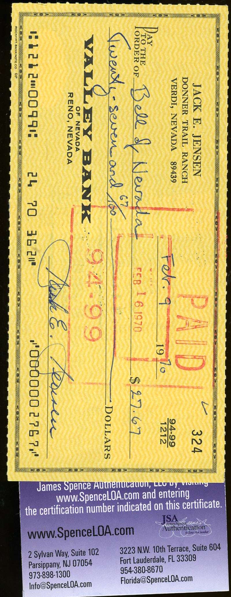 Jackie Jensen Signed Check  Jsa Certified Authenticated Autograph