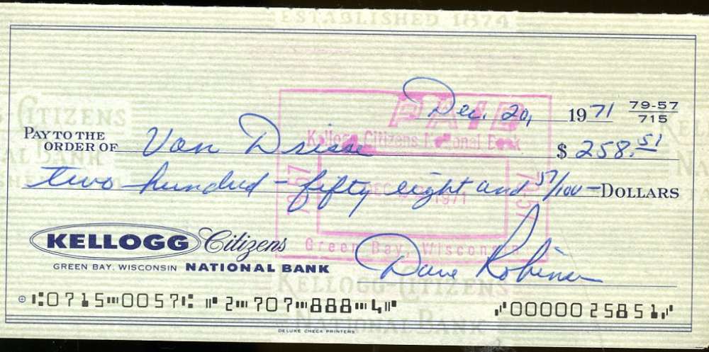 Dave Robinson Certified Jsa Green Bay Packers Personal Check Authentic Autograph