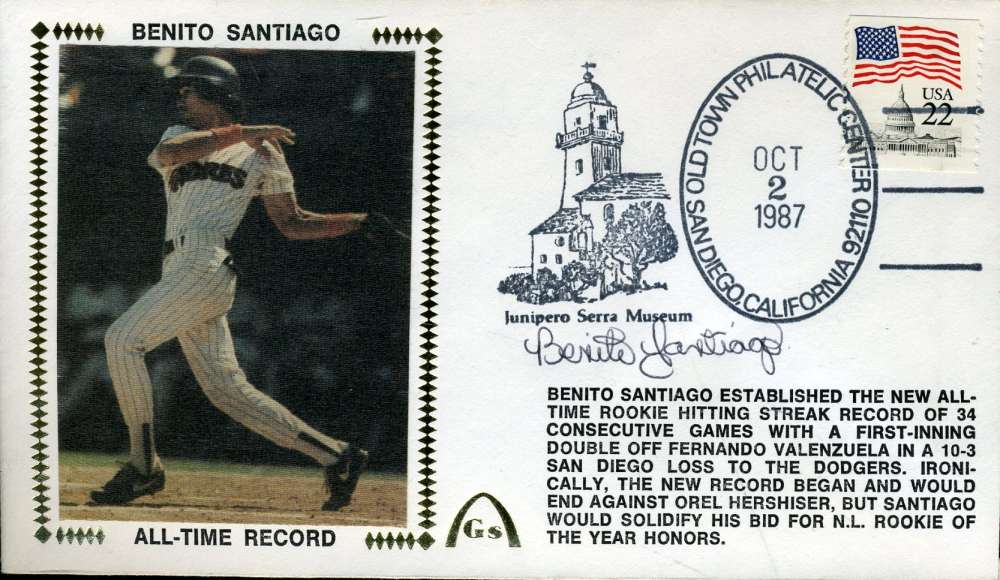 Benito Santiago Jsa Cert Sticker Fdc First Day Cover Authentic Autograph