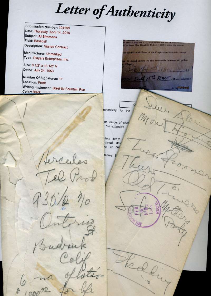 Al Simmons Signed Jsa Contract Notes Letter Etc Authentic Autograph