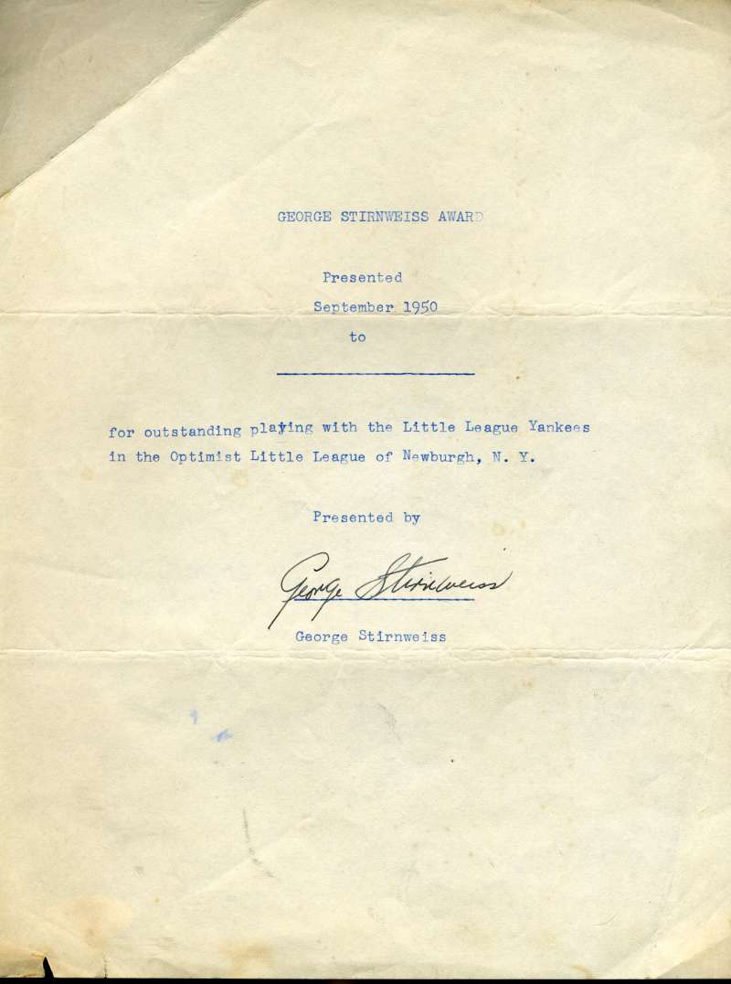 George Stirnweiss Signed Jsa Certed 1950 Award Authentic Autograph
