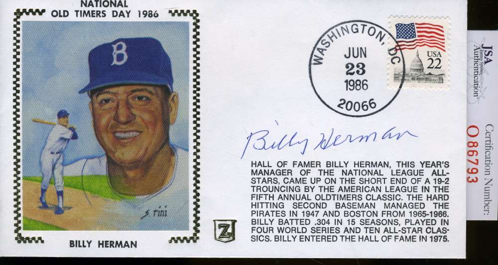Billy Herman 1986 Jsa Signed Fdc Authentic Autograph
