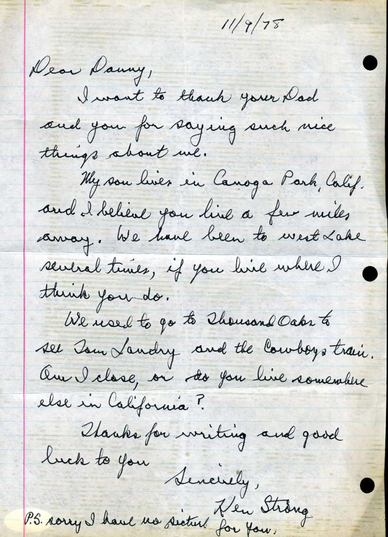 Ken Strong Jsa Coa Hand Signed  Handwritten Letter Authentic Autograph