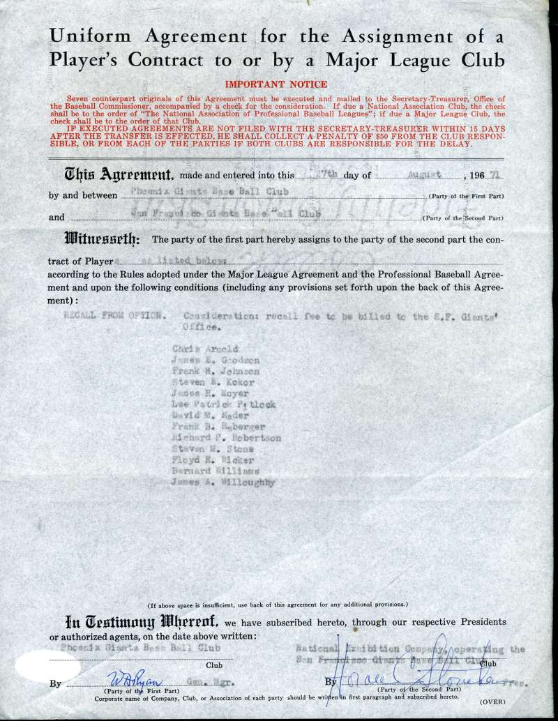 Horace Stoneham Jsa Coa Certified Authentic Hand Signed 1967 Giants Contract Autograph