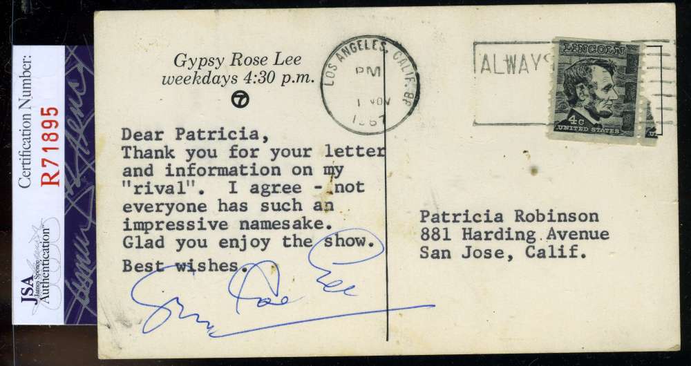 Gypsy Rose Lee Jsa Coa Hand Signed 1967 Postcard Authentic Autograph