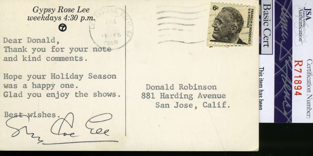 Gypsy Rose Lee Jsa Coa Hand Signed 1968 Postcard Authentic Autograph