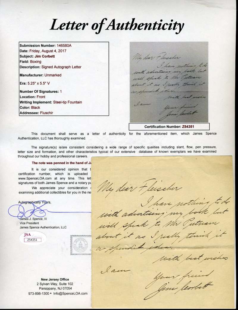 Jim Corbett Jsa Coa Authentic Hand Written Signed Letter Autograph