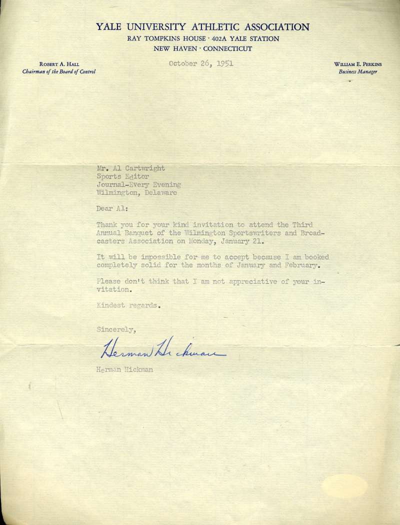 Herman Hickman D.58 Psa Dna Autograph 1951 Letter Cfb Hof Authentic Signed