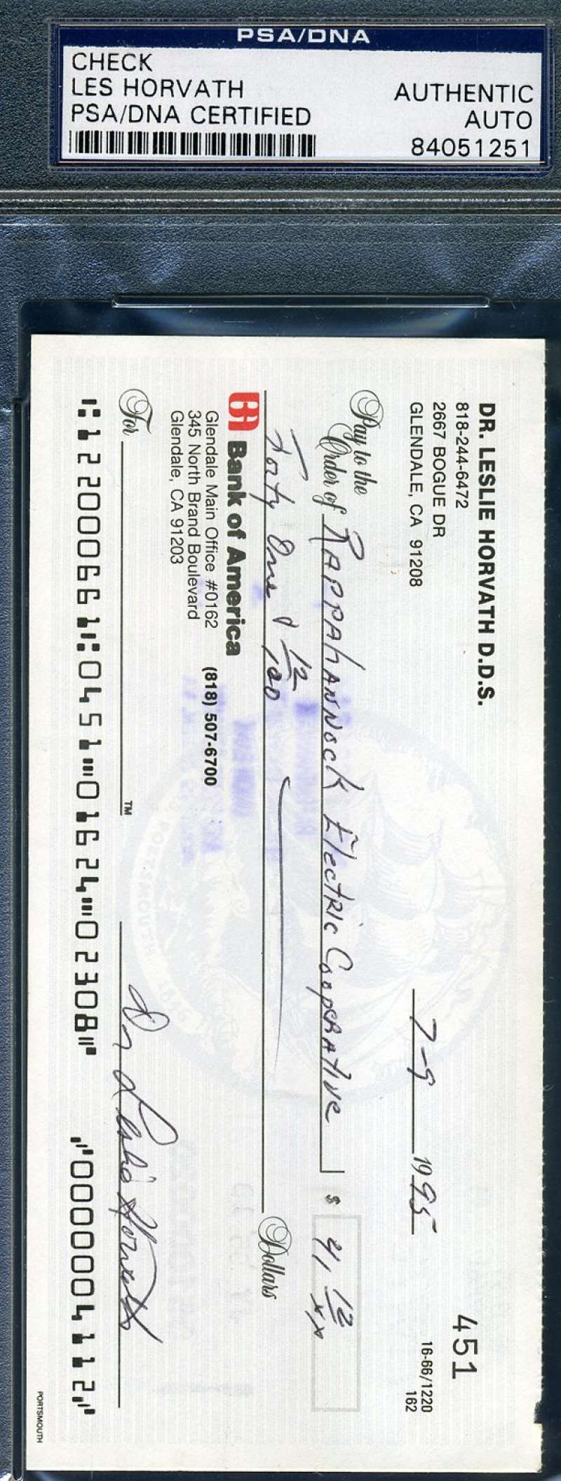 Les Horvath Psa Dna Coa Autograph Check Hand Signed Authentic