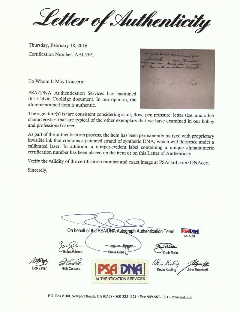 Calvin Coolidge Hand Signed Psa Dna Military Appointment Autograph Authentic