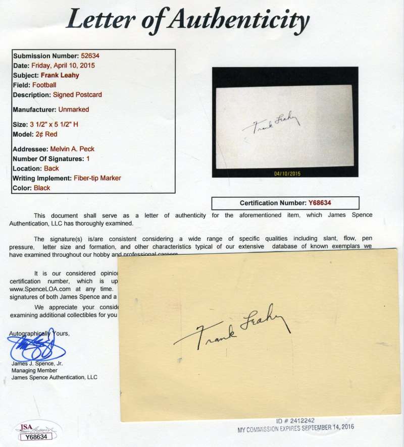 Frank Leahy Jsa Coa Autograph 3x5 Index Card Hand Signed Authentic