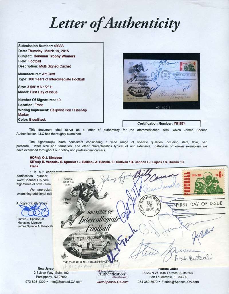 Heisman Fdc Vessels Frank Simpson Etc Jsa  Autograph Signed By 10