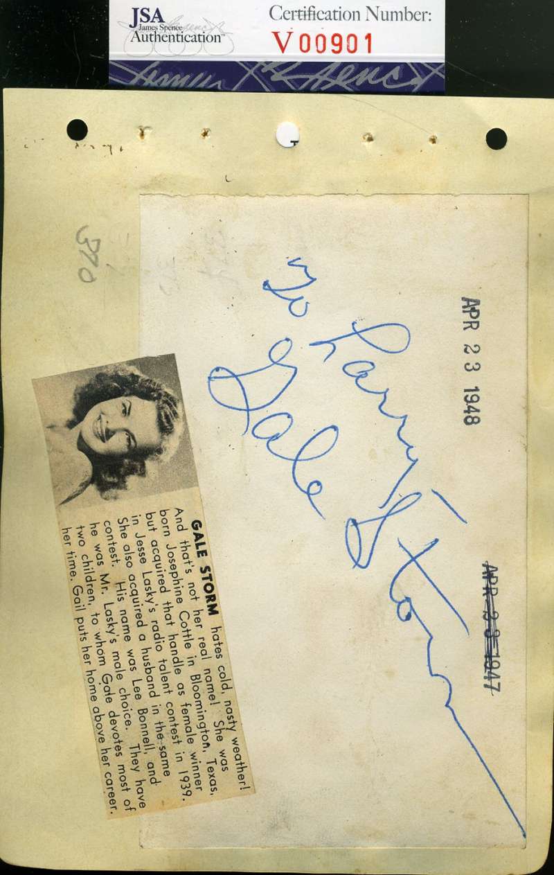 Gale Storm Jsa Coa Hand Signed Vintage 1948 Album Page Autograph Authentic