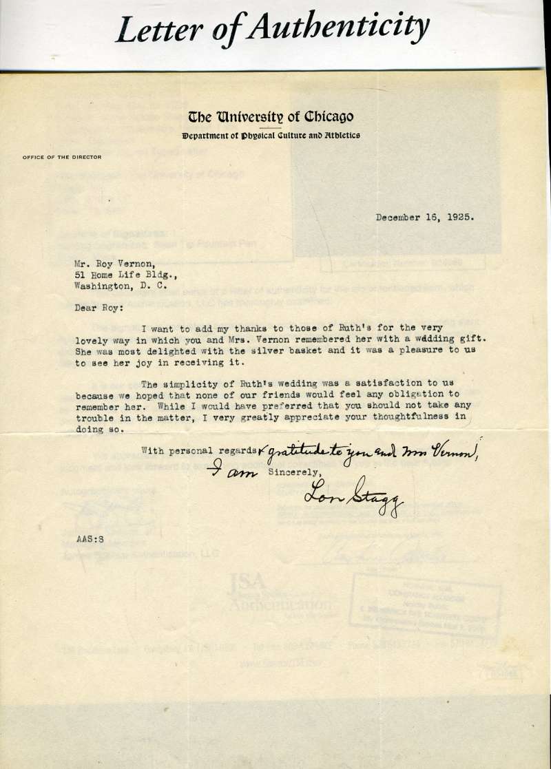 Alonzo Stagg Jsa Coa Autograph 1925 Univ Chicago Letter Hand Signed Authentic