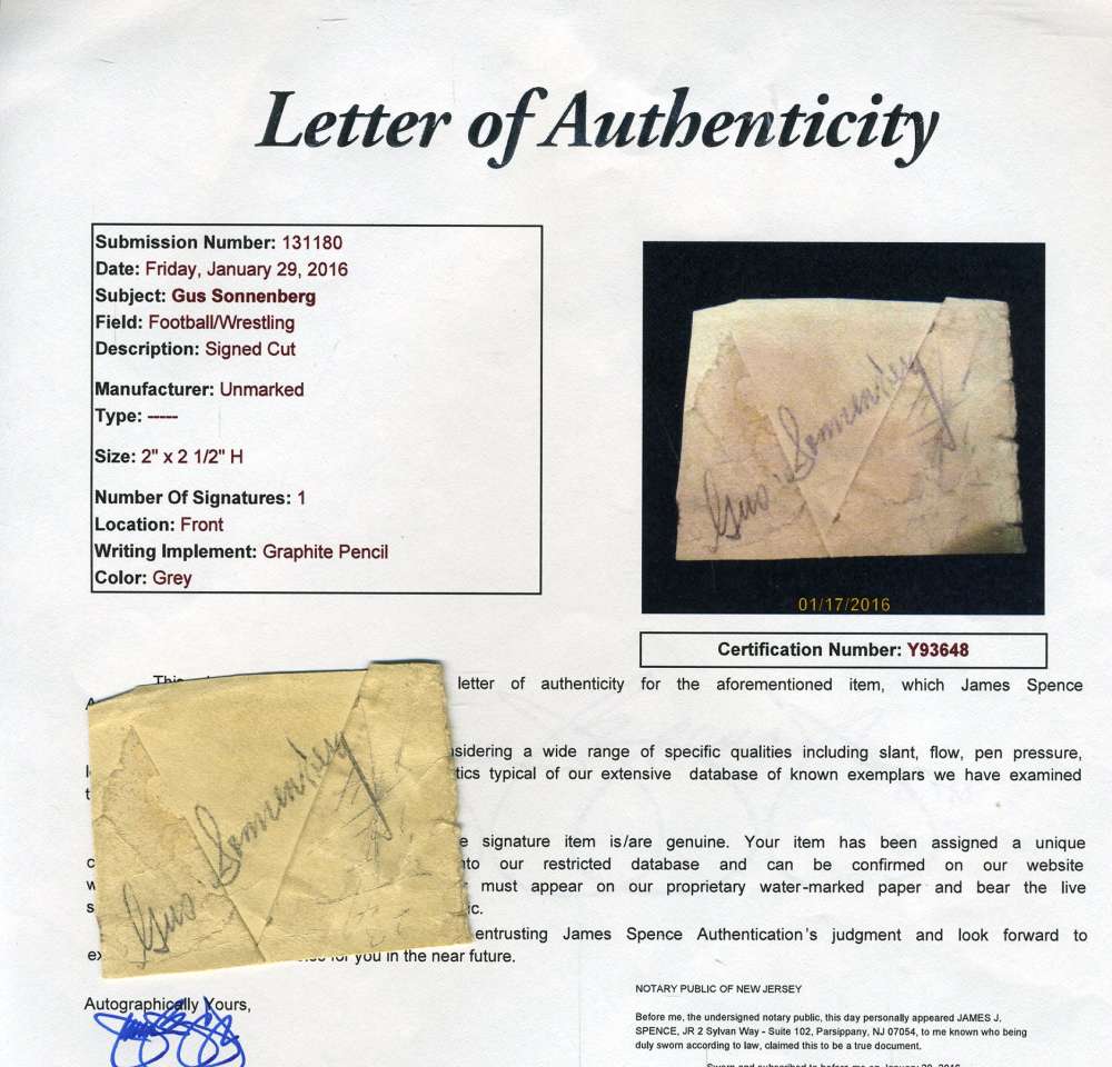 Gus Sonnenberg D.44 Jsa Coa Autographed Rare Wrestling Cut Hand Signed Authentic