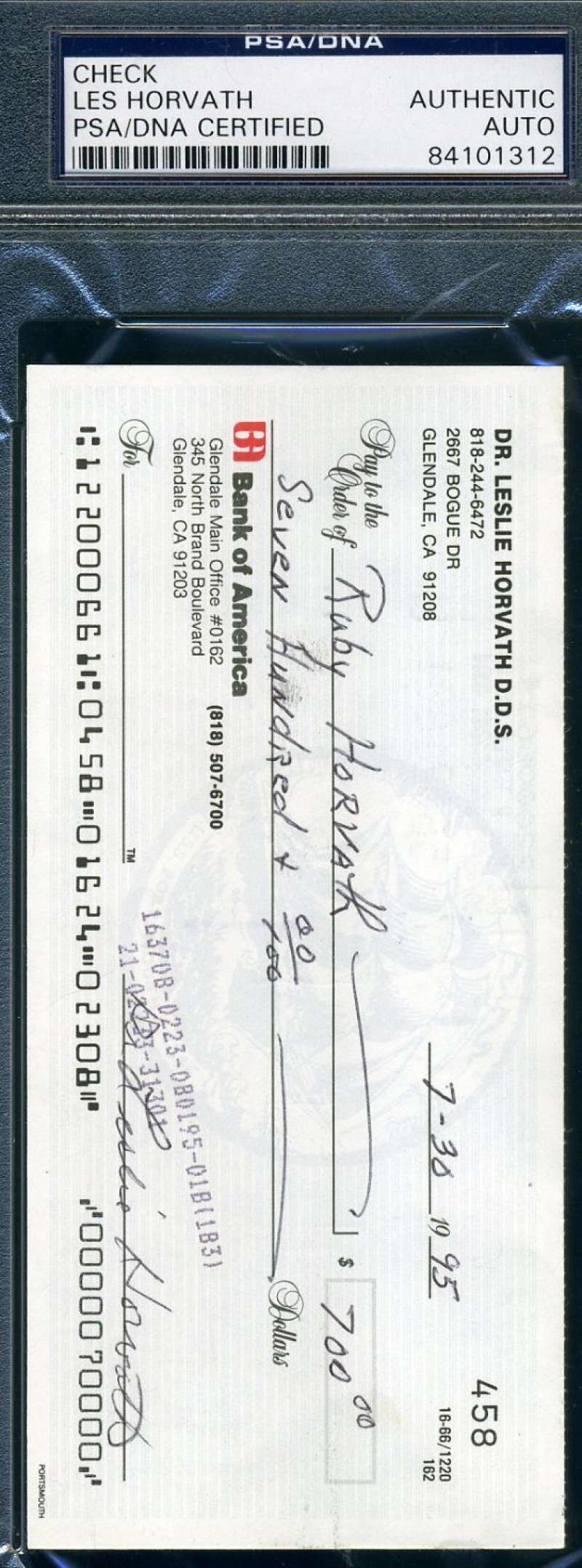 Les Horvath Psa Dna Coa Autograph Check Hand Signed Authentic