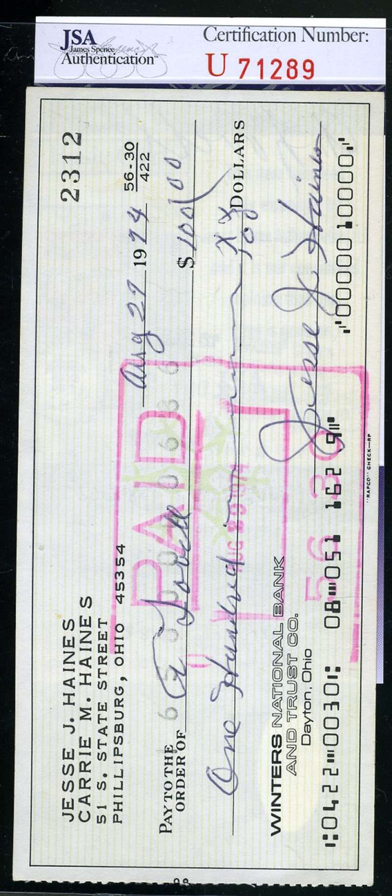 Jesse Haines Jsa Coa Autographed 1974 Check Hand Signed Authentic