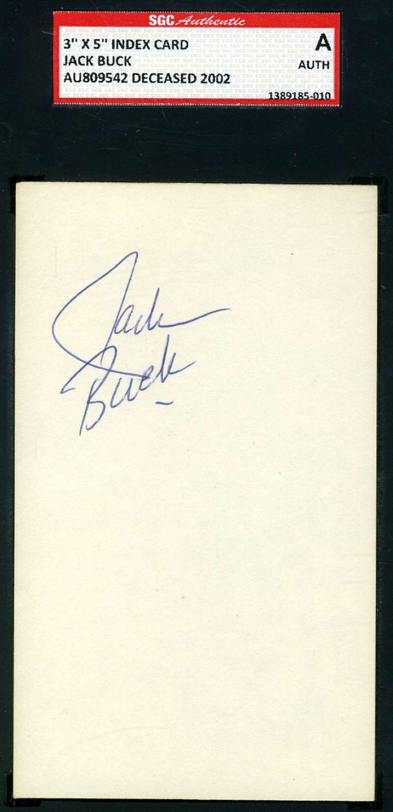 Jack Buck Sgc Coa Hand Signed 3x5 Index Card Authentic Autograph