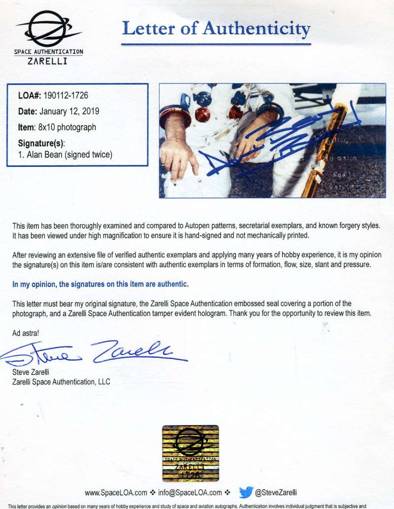 Alan Bean Psa Dna And Zarella Loa Signed 8x10 Nasa Photo Original Autograph