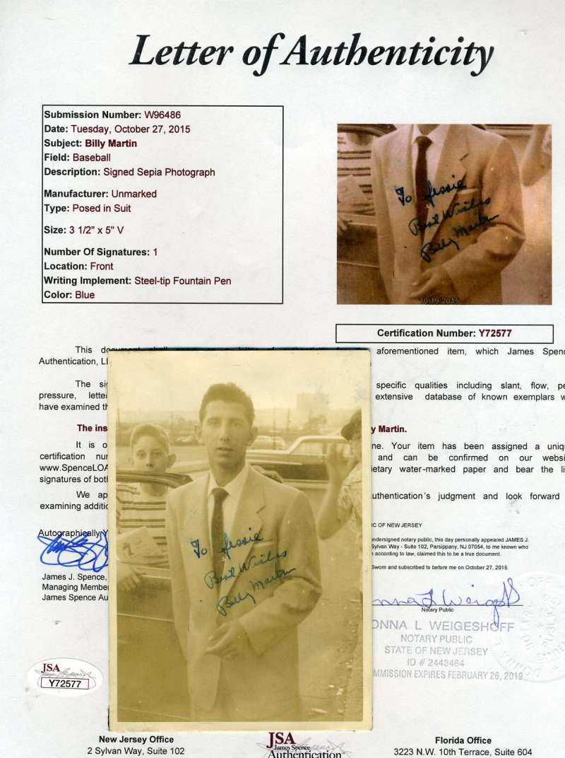 Billy Martin Jsa Autograph  Original 50`s Photo Authentic Hand Signed