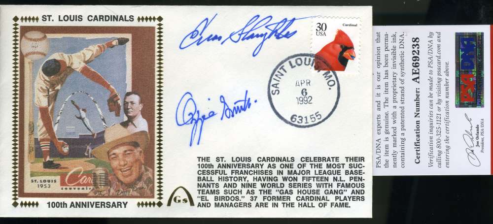 Ozzie Smith Enos Slaughter Psa Dna Autograph  1992 Fdc Hand Signed Cache