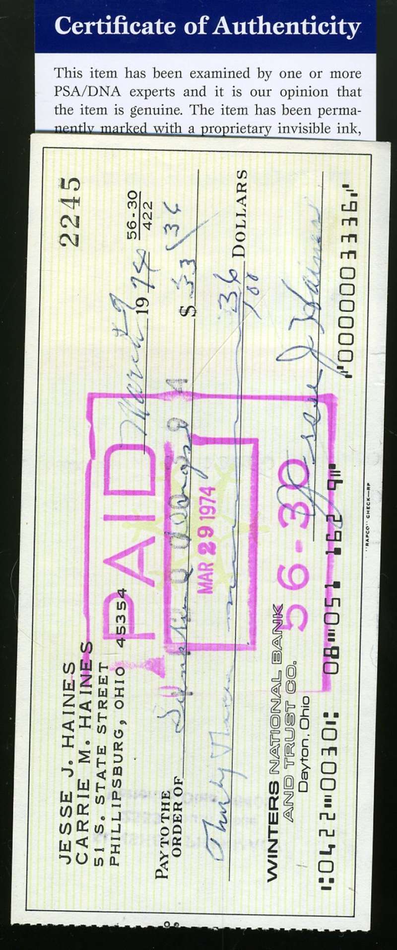Jesse Haines Psa Dna Autograph  Check Hand Signed