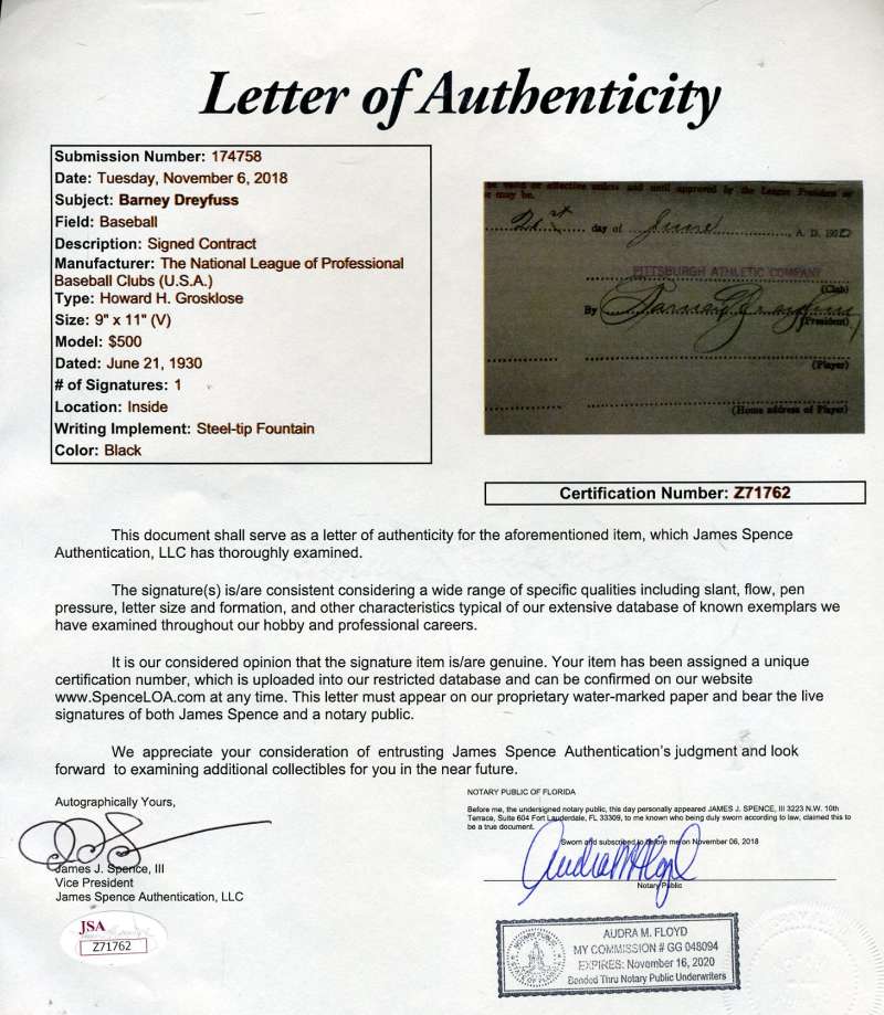 Barney Dreyfuss Jsa Autograph  1930 Contract Hand Signed