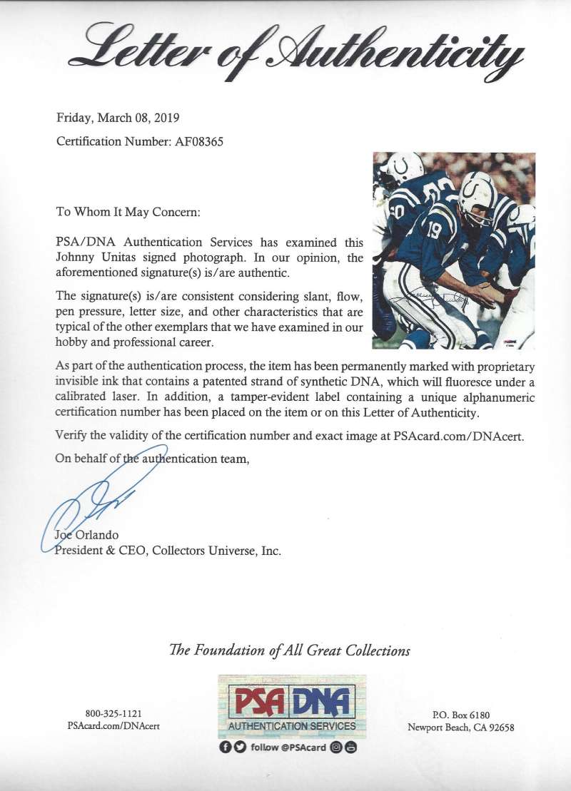 Johnny Unitas Psa Dna Autograph  8x10 Photo Hand Signed