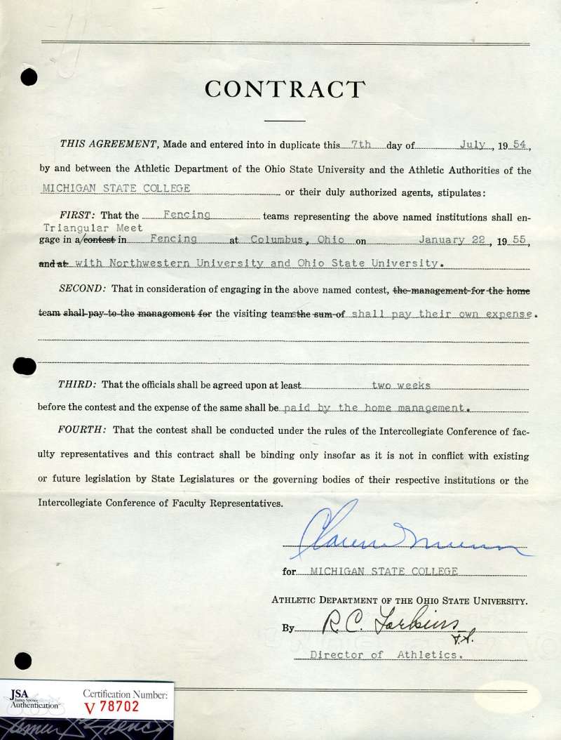 Clarence Biggie Munn Psa Dna Autograph  Msu 1954 Contract Signed