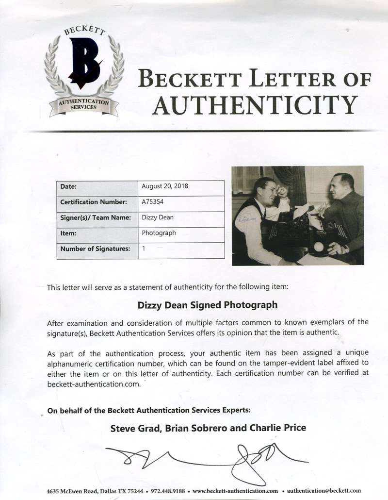Dizzy Dean Bas Beckett Coa Autograph 8x10 Photo  Hand Signed Authentic