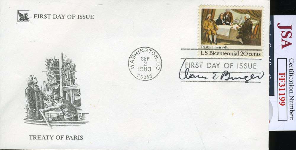Warren Burger Jsa Cert Hand Signed Supreme Court Fdc Autograph