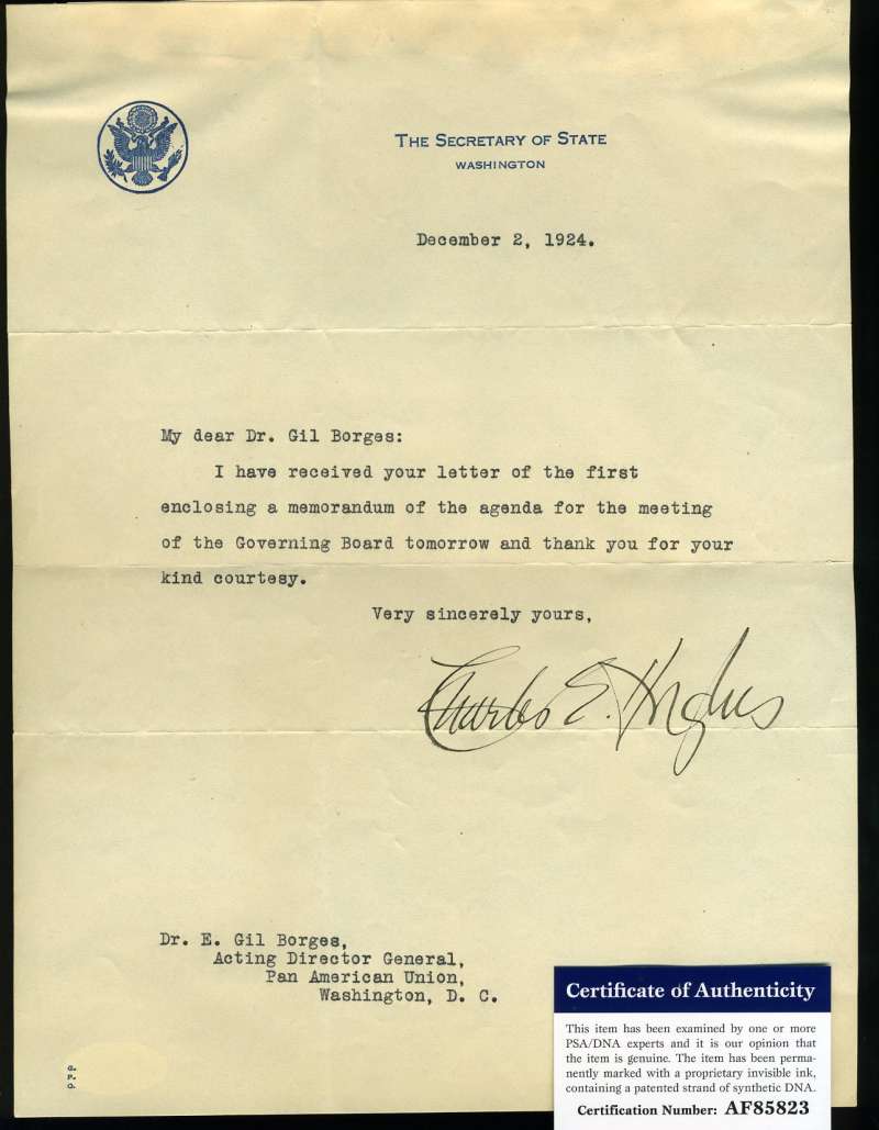 Justice Charles Evans Hughes Psa Dna Coa Hand Signed Supreme Court Letter Autograph