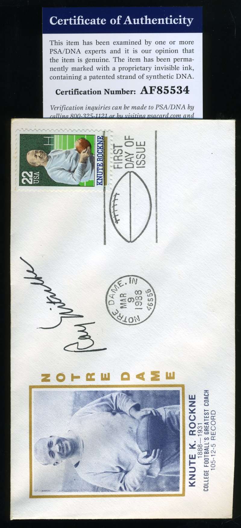 Ray Nitschke Psa Dna Coa Signed Knute Rockne Fdc Cache Autograph