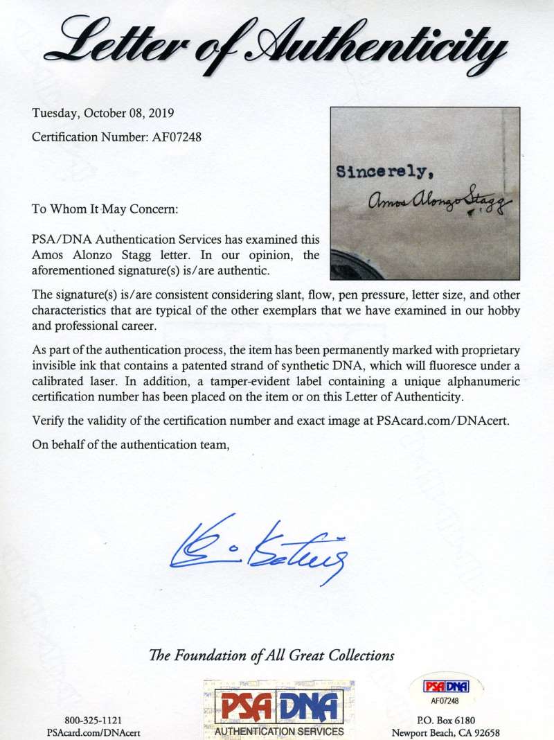 Amos Alonzo Stagg Psa Dna Coa Signed 1930 Univ Chicago Letter Autograph