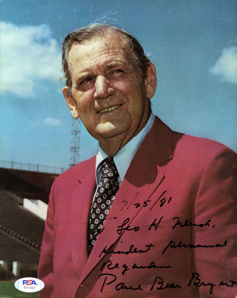 Paul Bear Bryant PSA DNA Coa Autograph Hand Signed 8x10 Photo