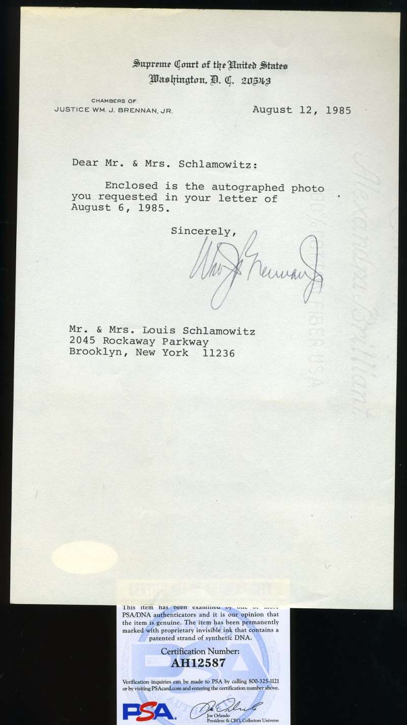 William Brennan Supreme Court PSA DNA Coa Hand Signed 1985 Letter Autograph
