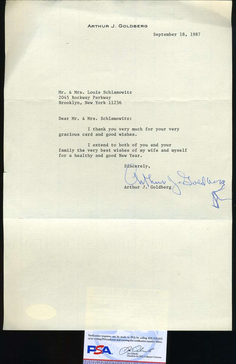 Arthur Goldberg Supreme Court PSA DNA Coa Hand Signed 1987 Letter Autograph
