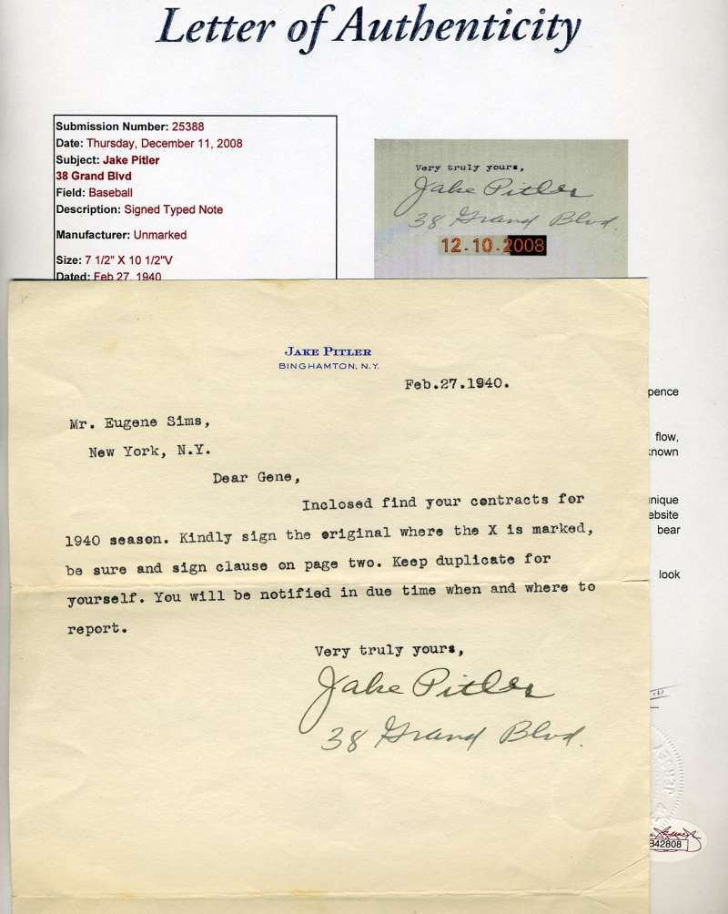 Jake Pitler JSA Coa Autograph Hand Signed 1940 Brooklyn Dodgers Letter