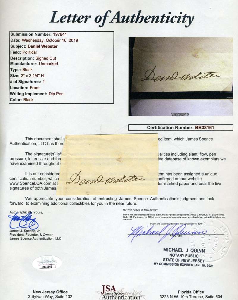 Daniel Webster JSA Coa Signed Cut Autograph