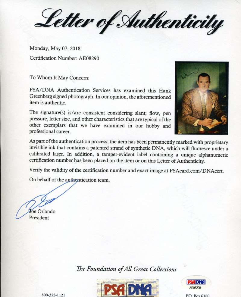 Hank Greenberg JSA Coa Autograph Hand Signed 7x10 Photo
