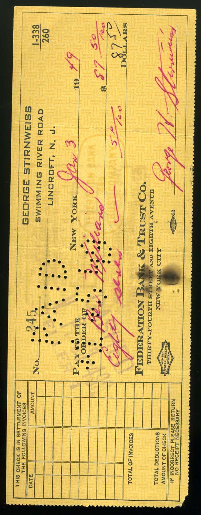 George Stirnweiss JSA Coa Autograph Hand Signed 1949 Check