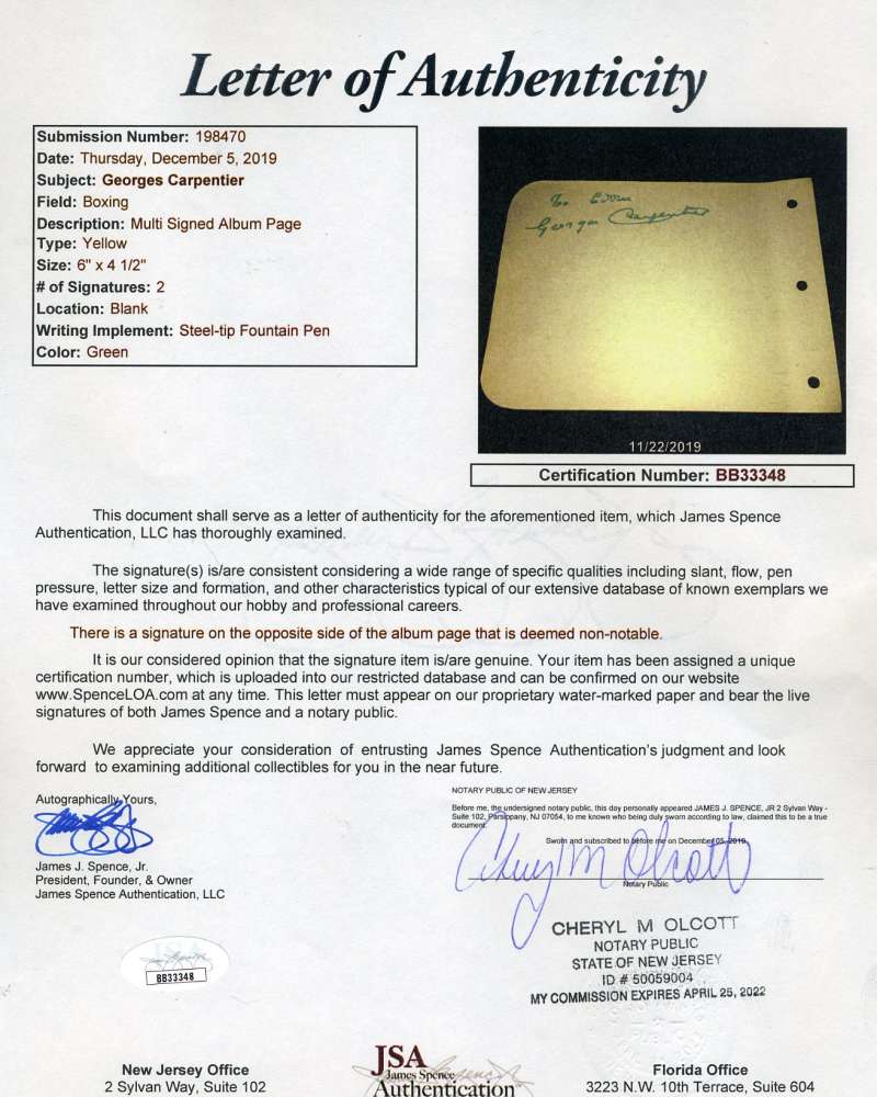 Georges Carpentier JSA Coa Hand Signed Album Page Autograph