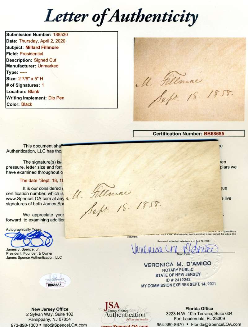 Millard Fillmore JSA Coa Signed 1858 3x5 Cut Autograph