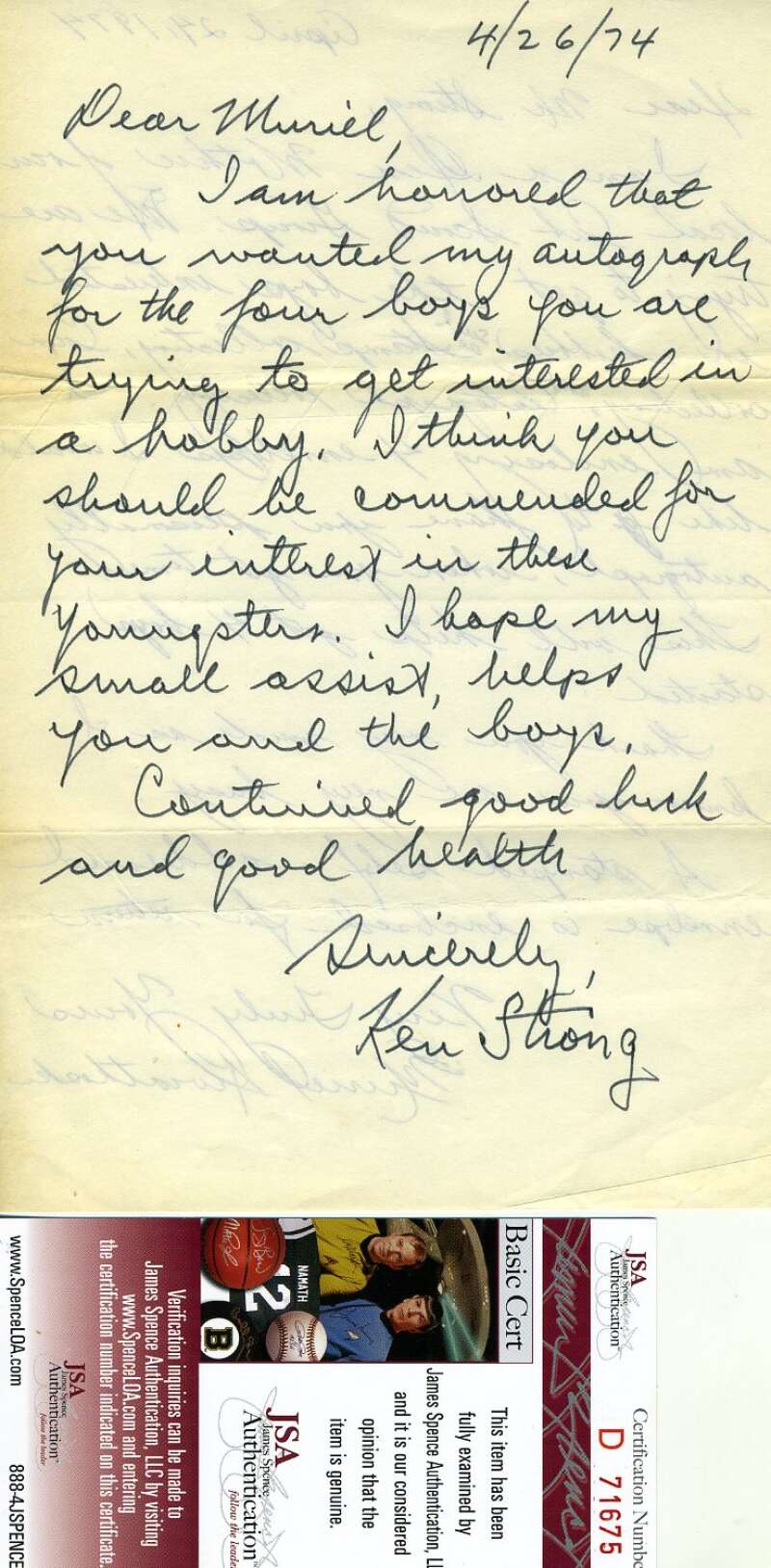 Ken Strong JSA Coa Autograph Hand Signed 1974 Handwitten Letter