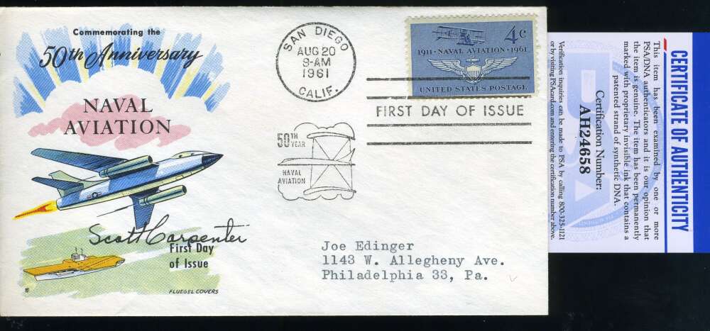 Scott Carpenter PSA DNA Coa Hand Signed 1981 FDC Cache NASA Autograph