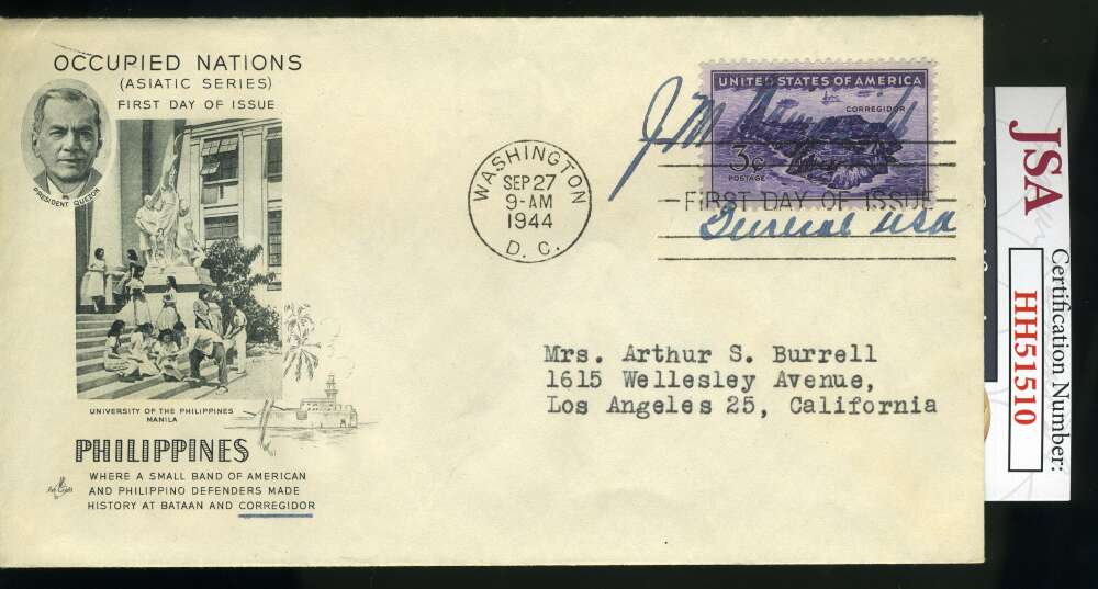 General Jonathan Wainwright  JSA Coa Signed Marines FDC Cache 1944 Philippines Autograph