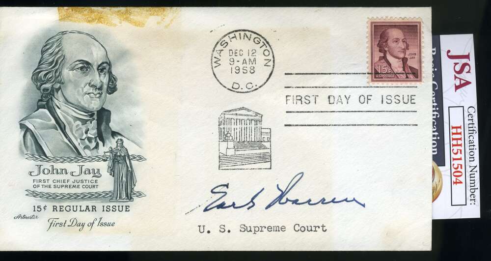 Judge Earl Warren JSA Coa Hand Signed 1958 FDC Cache Supreme Court Justice Autograph