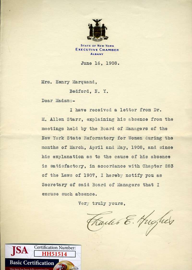 Judge Charles Evans Hughes JSA Coa Hand Signed 1908 Letter Supreme Court Justice Autograph